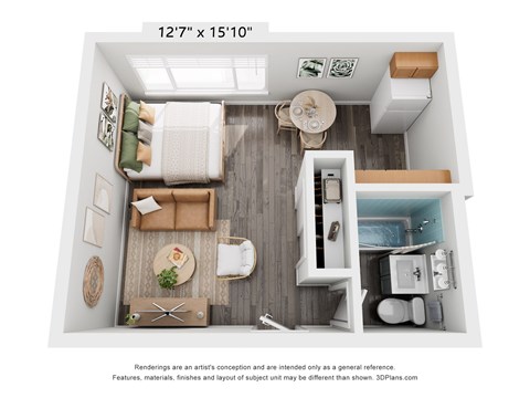 Floor plan for studio, 1 bath, 388 sqft